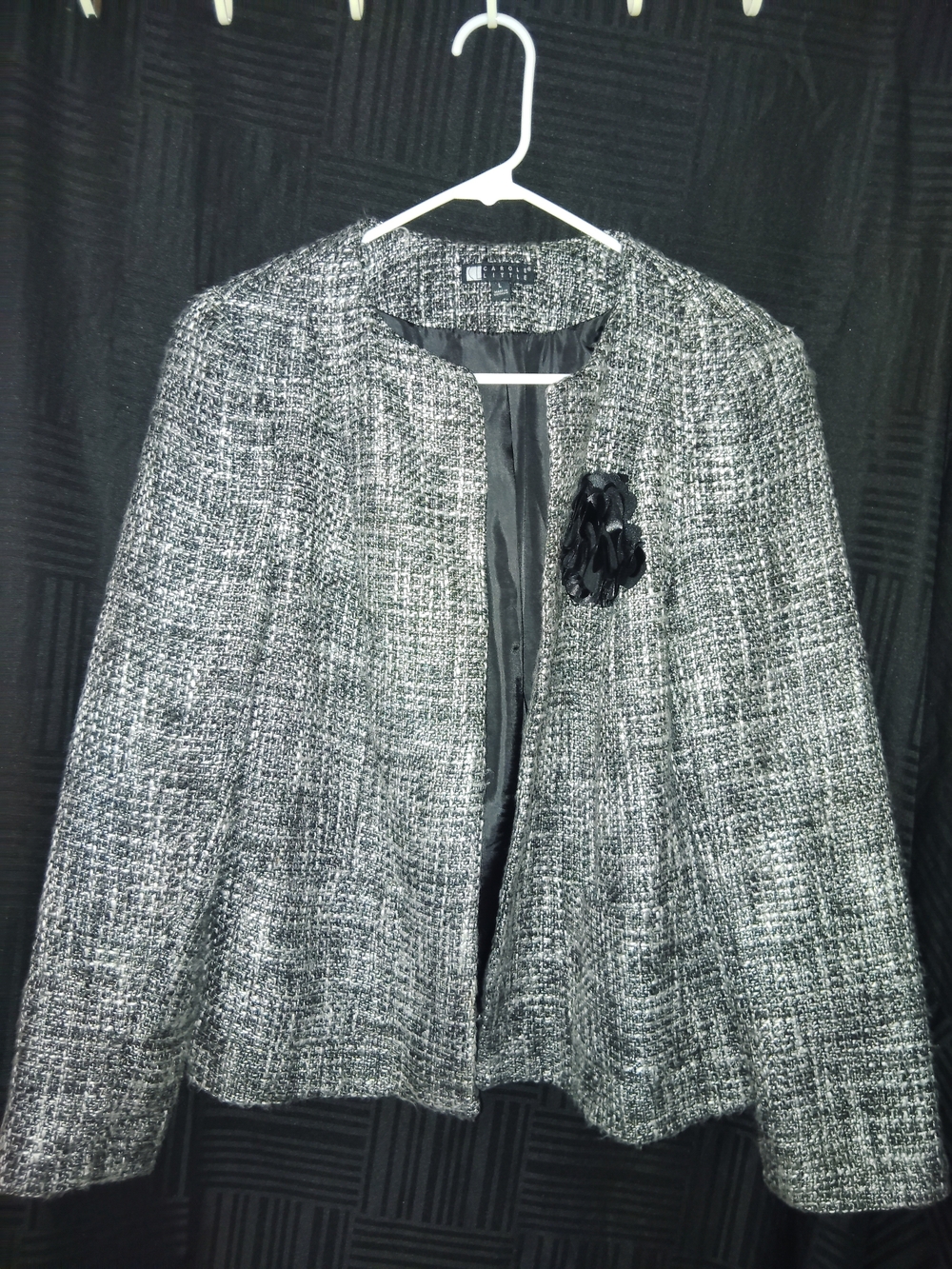 Carole Little Black and White Tweed Collarless Blazer with Brooch